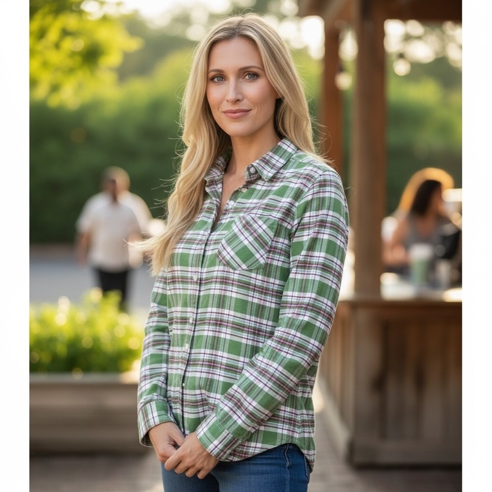 Eddie Bauer Womens Green‎ Plaid Button Down Cotton Shirt XS Long Sleeve 9757